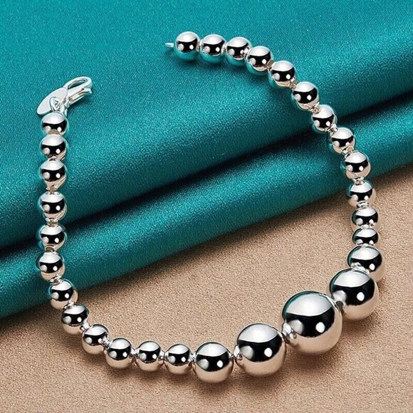 925 Sterling Silver Smooth Bead Ball Chain Bracelet 7.5'' long lobster closure - Picture 3 of 4